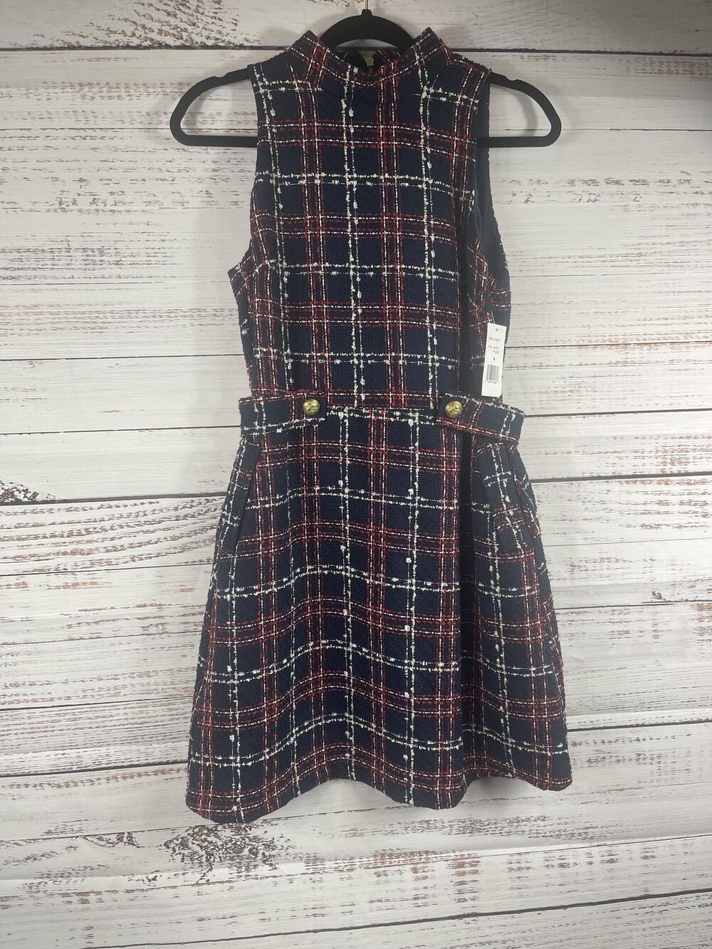 Alena Admor Dress Womens 4 Blue Plaid Tweed Mock Neck Fit Flare Sleeveless Work